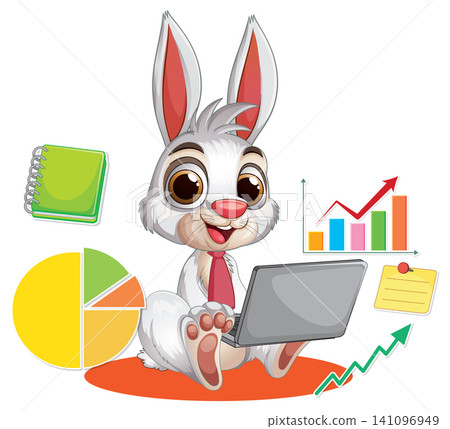 Cartoon Business Rabbit Character Working on Laptop with Financial Data Charts Cartoon Business Rabbit Character Working on Laptop with Financial Data Charts 141096949