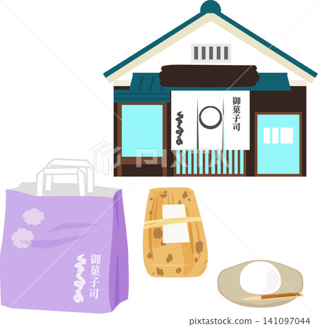 日式點心店的建築、紙本購物袋和產品包裝。 日式點心店的建築、紙本購物袋和產品包裝。 141097044