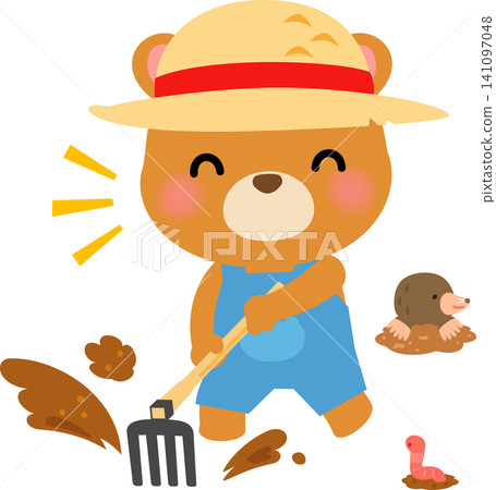 A bear character tilling the soil with a hoe A bear character tilling the soil with a hoe 141097048