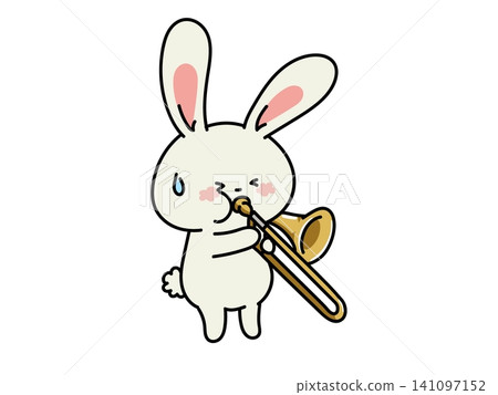 A rabbit playing the trombone with all its might. 141097152