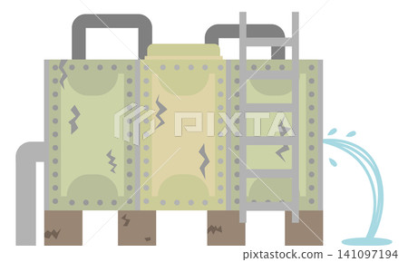 Image illustration of a broken and leaking water storage tank. Image illustration of a broken and leaking water storage tank. 141097194
