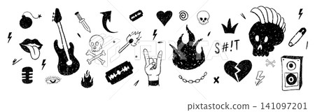 Chaotic punk doodle set. Vintage rock skull icons. Crayon scribbles and charcoal chaos art. Vector illustration Chaotic punk doodle set. Vintage rock skull icons. Crayon scribbles and charcoal chaos art. Vector illustration 141097201