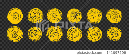 Brush sun rough. Yellow pencil drawn elements with crayon texture. Childish doodle set for scrapbooking or posters. Vector illustration on transparent background Brush sun rough. Yellow pencil drawn elements with crayon texture. Childish doodle set for scrapbooking or posters. Vector illustration on transparent background 141097206