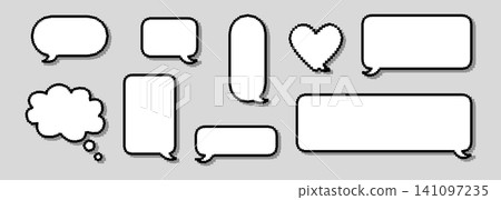 Pixel dialogue box. Comic design of dialogue box. Pixelated cloud with line art icon for note card. Set of message cloud minimal with shadow for text balloon Pixel dialogue box. Comic design of dialogue box. Pixelated cloud with line art icon for note card. Set of message cloud minimal with shadow for text balloon 141097235