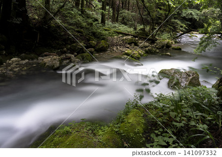 Long-exposure photography of the clear waters of the Serikawa River headwaters in the Kawachi Valley during summer. Long-exposure photography of the clear waters of the Serikawa River headwaters in the Kawachi Valley during summer. 141097332