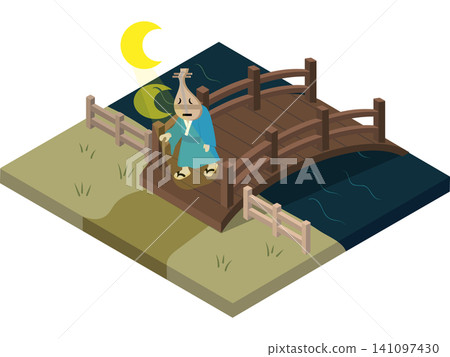 一幅等距視角的日本妖怪畫。琵琶木木在月光皎潔的夜晚過橋。 一幅等距視角的日本妖怪畫。琵琶木木在月光皎潔的夜晚過橋。 141097430