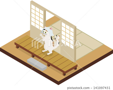 等距視角下的日本妖怪。一隻貓又在老房子的陽台上跳舞。 等距視角下的日本妖怪。一隻貓又在老房子的陽台上跳舞。 141097431