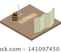 An isometric Japanese yokai (supernatural creature). Kotokoshu, a koto (Japanese zither) yokai, is found in a barn. 141097450