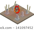 Isometric Japanese yokai. A fiery chariot with burning wheels and a graveyard. 141097452