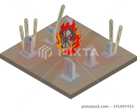 Isometric Japanese yokai. A fiery chariot with burning wheels and a graveyard. Isometric Japanese yokai. A fiery chariot with burning wheels and a graveyard. 141097452