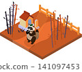 An isometric depiction of a Japanese yokai (supernatural creature). A shapeshifting tanuki (raccoon dog) standing on a mountain pass leading to the foothills. 141097453