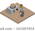 An isometric depiction of a Japanese yokai (supernatural creature). A kitchen with a ringing cauldron and a hearth. 141097454