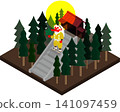 An isometric depiction of a Japanese yokai (supernatural creature). A tengu (a mythical creature) standing on the steps of a temple gate. 141097459