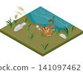 An isometric depiction of a Japanese yokai (supernatural creature). A Ushi-oni (ox-demon) crawling out of the water. 141097462