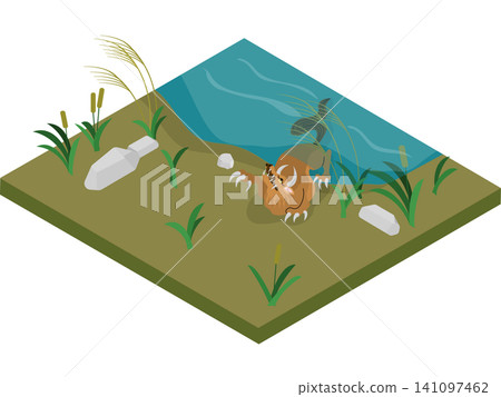 An isometric depiction of a Japanese yokai (supernatural creature). A Ushi-oni (ox-demon) crawling out of the water. An isometric depiction of a Japanese yokai (supernatural creature). A Ushi-oni (ox-demon) crawling out of the water. 141097462