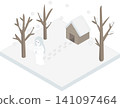 Isometric Japanese yokai. A snow-covered mountain cabin and a snow woman. 141097464