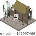 Isometric Japanese yokai. A lantern ghost and a dilapidated house in a bamboo grove. 141097466