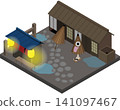 An isometric depiction of a Japanese yokai (supernatural creature). A paper umbrella ghost lurking in a back alley after the rain. 141097467