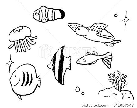 手繪單色插圖,描繪了游泳的海洋生物。 手繪單色插圖,描繪了游泳的海洋生物。 141097548