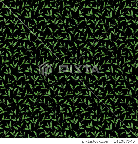 Seamless Green Tea Leaf Pattern on Black Background in Flat Vector Style Seamless Green Tea Leaf Pattern on Black Background in Flat Vector Style 141097549