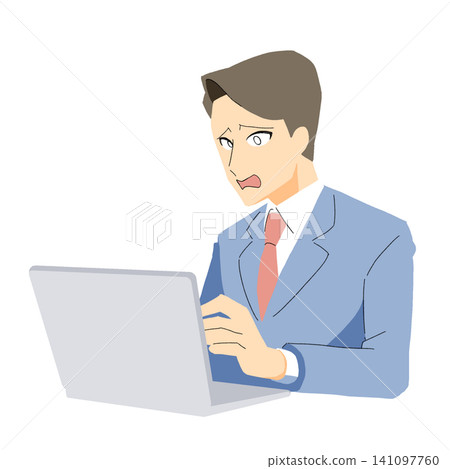 A young businessman is working with a smile on his face while using a computer. A young businessman is working with a smile on his face while using a computer. 141097760