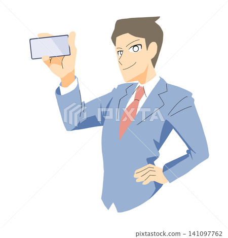 一位商人面帶微笑,展示他的智慧型手機螢幕。 一位商人面帶微笑,展示他的智慧型手機螢幕。 141097762