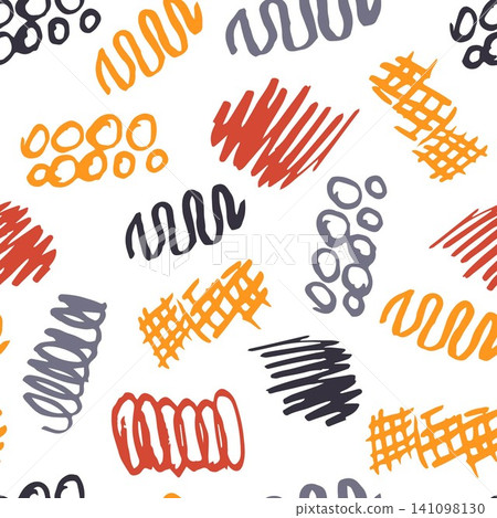 Hand-drawn abstract vector seamless pattern. Colored bright orange, gray doodles on a white background. For prints of fabric, textile products, packaging. Hand-drawn abstract vector seamless pattern. Colored bright orange, gray doodles on a white background. For prints of fabric, textile products, packaging. 141098130
