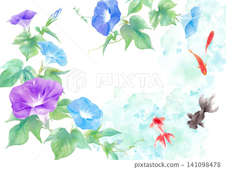 一幅以牽牛花和金魚水彩畫為特色的清爽夏日背景圖。裝飾邊框。夏日賀卡。 一幅以牽牛花和金魚水彩畫為特色的清爽夏日背景圖。裝飾邊框。夏日賀卡。 141098478