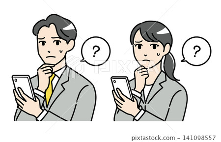 A set of illustrations of a young man and woman in suits looking at their smartphones with a questioning expression. (Horizontal) A set of illustrations of a young man and woman in suits looking at their smartphones with a questioning expression. (Horizontal) 141098557