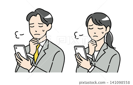 A set of illustrations of a young man and woman in suits sighing while looking at their smartphones (horizontal view) A set of illustrations of a young man and woman in suits sighing while looking at their smartphones (horizontal view) 141098558