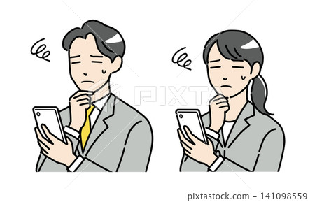 一組插圖,描繪了身著西裝的年輕男女一邊使用智慧型手機一邊神情憂慮。 一組插圖,描繪了身著西裝的年輕男女一邊使用智慧型手機一邊神情憂慮。 141098559
