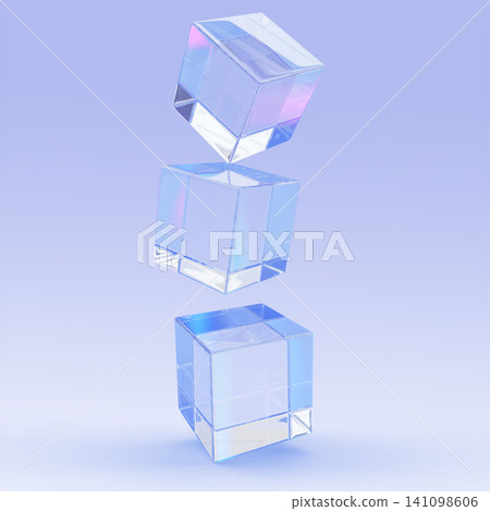 Glass balancing 3D cubes on light blue background. Iridescent stack of geometric transparent block shapes. Falling crystal square boxes with holographic reflections in pink and purple. 3D illustration Glass balancing 3D cubes on light blue background. Iridescent stack of geometric transparent block shapes. Falling crystal square boxes with holographic reflections in pink and purple. 3D illustration 141098606