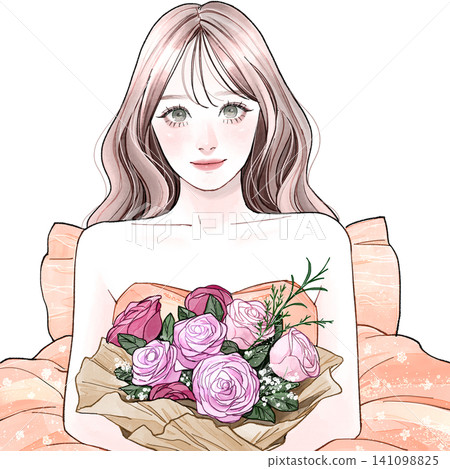 Woman in a dress holding a bouquet of flowers - Long Woman in a dress holding a bouquet of flowers - Long 141098825