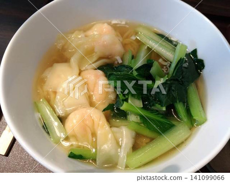 Wonton noodles with plenty of shrimp and bok choy Wonton noodles with plenty of shrimp and bok choy 141099066