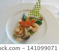Stir-fried shrimp, squid, shimeji mushrooms, and okra 141099071