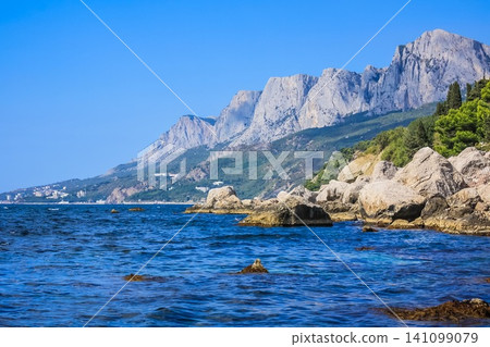 Views for the Crimean mountains and beach in sunny summer day 141099079