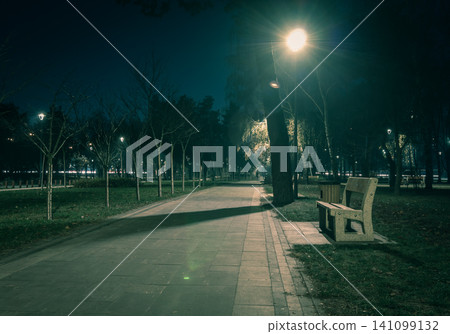 The teiled road in the night park with lanterns in autumn. Benches in the park during the autumn season at night. Illumination of a park road with lanterns at night. The teiled road in the night park with lanterns in autumn. Benches in the park during the autumn season at night. Illumination of a park road with lanterns at night. 141099132