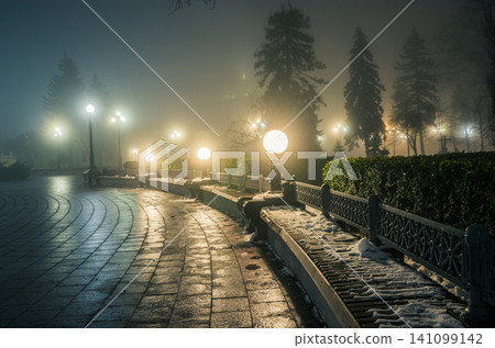 Wooden bench in the snow in a winter night park in the fog. Footpath in a winter city park at night in fog with benches and latterns. Beautiful foggy evening in the Mariinsky Park. Kiev, Ukraine. Wooden bench in the snow in a winter night park in the fog. Footpath in a winter city park at night in fog with benches and latterns. Beautiful foggy evening in the Mariinsky Park. Kiev, Ukraine. 141099142