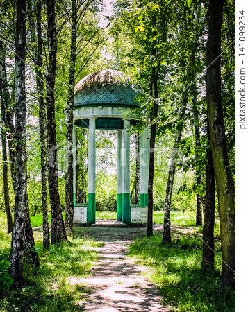 Green classic gazebo in a park in a summer park. Birches near the path leading to the gazebo Green classic gazebo in a park in a summer park. Birches near the path leading to the gazebo 141099234