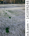 The football field with artificial green grass is covered with a light layer of snow. Early spring. Green grass on the football field is visible from under the snow. Amateur football field. 141099248