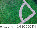 Angle of soccer field with artificial green grass and white lines. Amateur football field. Sunny summer day 141099254