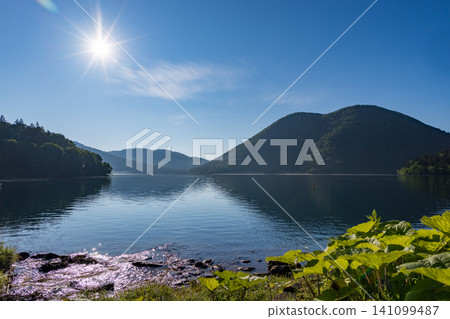 北海道鹿別湖清晨:寧靜的湖面和蔚藍的天空構成了一幅美麗的畫卷。 北海道鹿別湖清晨:寧靜的湖面和蔚藍的天空構成了一幅美麗的畫卷。 141099487