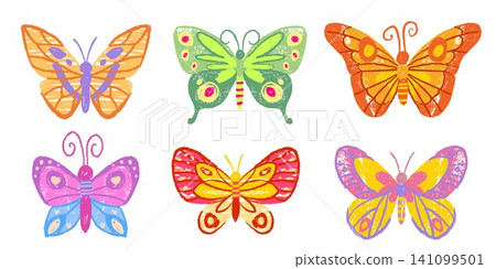 Crayon doodle butterflies, chalk textured wings 141099501