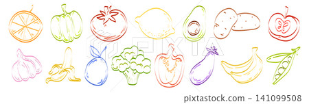 Hand drawn chalk doodles, fruit vegetable sketches Hand drawn chalk doodles, fruit vegetable sketches 141099508