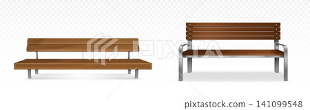 Wooden park benches with backrest, 3d realistic Wooden park benches with backrest, 3d realistic 141099548