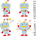 A set of robot poses symbolizing a sustainable future: AI collaboration, thinking, error, and success. 141099553