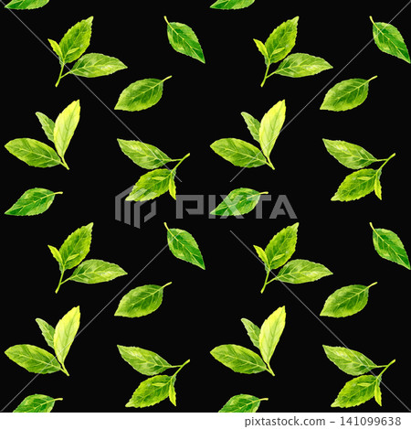 Japanese tea leaf pattern, hand-drawn watercolor illustration seamless pattern Japanese tea leaf pattern, hand-drawn watercolor illustration seamless pattern 141099638