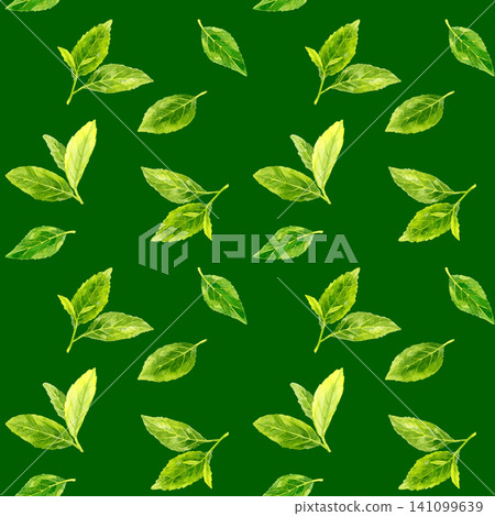 Japanese tea leaf pattern, hand-drawn watercolor illustration seamless pattern Japanese tea leaf pattern, hand-drawn watercolor illustration seamless pattern 141099639