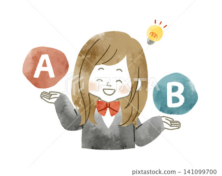 一位微笑的女學生正在進行比較——水彩畫 一位微笑的女學生正在進行比較——水彩畫 141099700