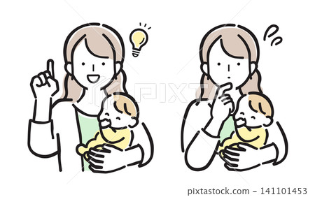 一組以柔和色調描繪一位抱著嬰兒的女性的喜悅與憂慮的插圖。 一組以柔和色調描繪一位抱著嬰兒的女性的喜悅與憂慮的插圖。 141101453